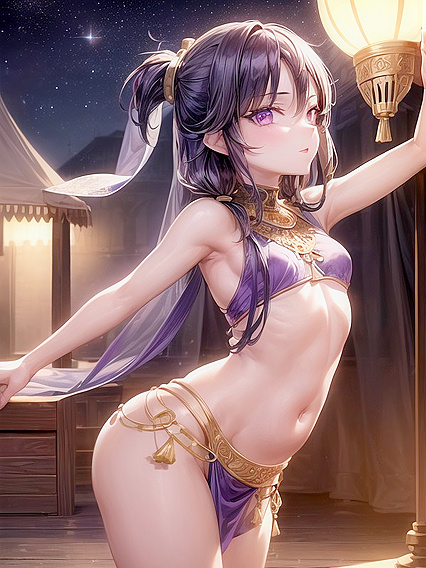 Belly Dancer with Small Breasts and Purple Eyes seduces in Hentai AI Action