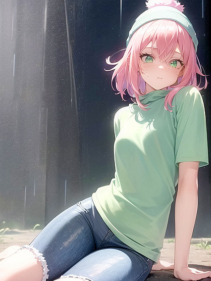 Pink-Haired Cutie in Jeans Exploring Pastel-Colored Hentai Pleasures