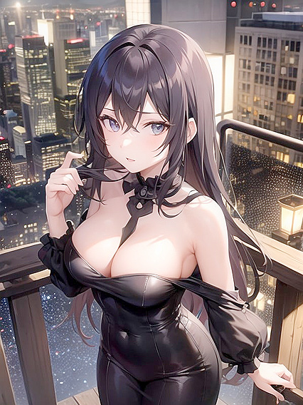 City Lights Highlight Her Silhouette, Long Hair Flowing in Full Body Hentai Scenes