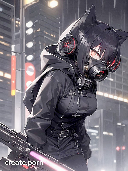 Nighttime hentai fantasy with red-eyed beauty in gas mask seduction