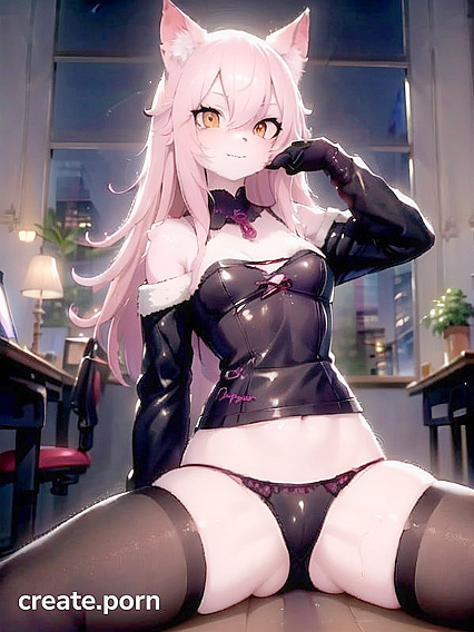 Evil Cat-Girl 18+ with Red Eyes and Pink Hair Teases in Unbuttoned Clothes