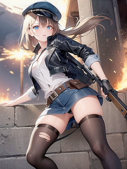 Vintage Gas Mask and Glowing Blue Eyes: War-Torn Fantasy with Distant Explosions and Rusty Rifle