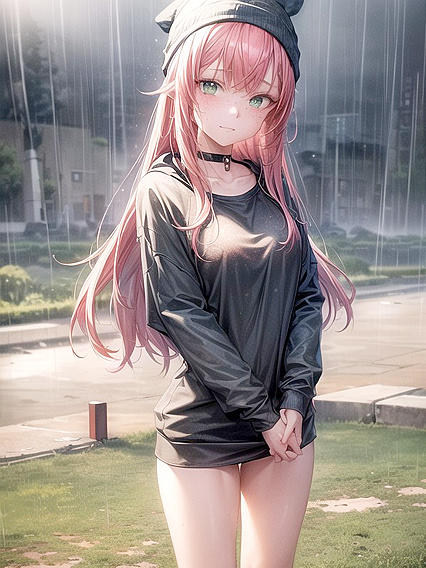 Small Breasts Big Style - Busty Girl 18+ in Extra Large Green Hoodie Hentai AI Image