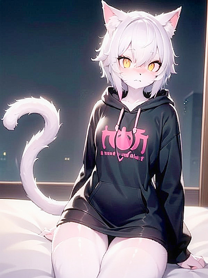 Furry Chick with Green Eyes Wears Extra Large Hoodie for Steamy Hentai AI Image