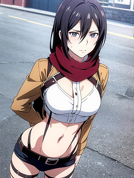 Mikasa Ackerman Seductively Reveals Her Navel in Viewer-Focused Hentai AI Image