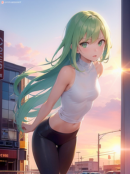 Girl 18+ with Light Blue Hair Wears Pullover and Leggings for Seductive Hentai AI Image