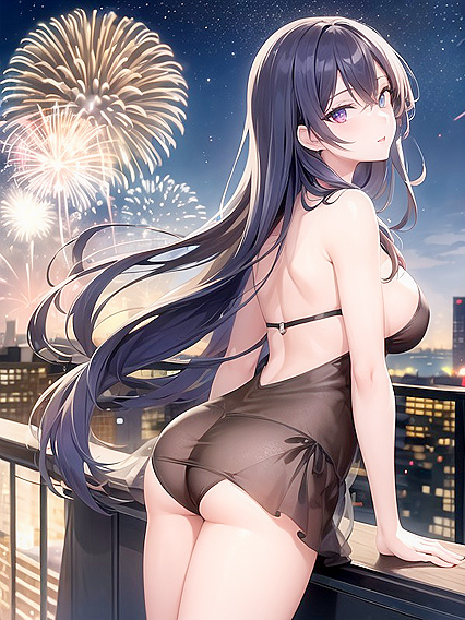 Cityscape Fireworks Mesmerize Her Eyes in Sensual Back View Hentai AI Image