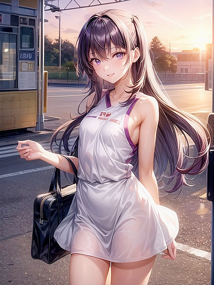 Purple-Haired Beauty Gets Pleasured at Train Station During Stunning Sunset Hentai AI Image
