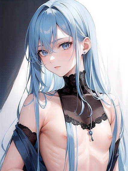Tall Skinny Guy with Light Blue Hair in Seductive Hentai AI Image