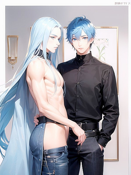 Tall Skinny Guy with Light Blue Hair in Sensual Hentai AI Image
