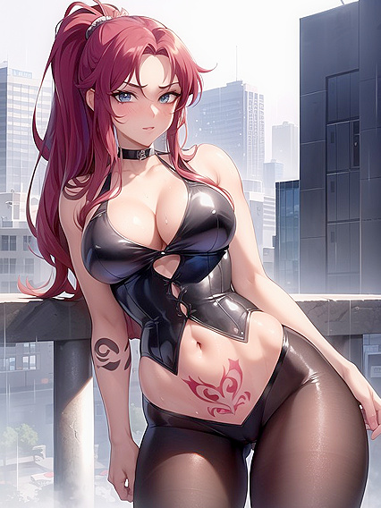 Blushing and Smirking With Tattoos and Choker in Seductive Hentai AI Image