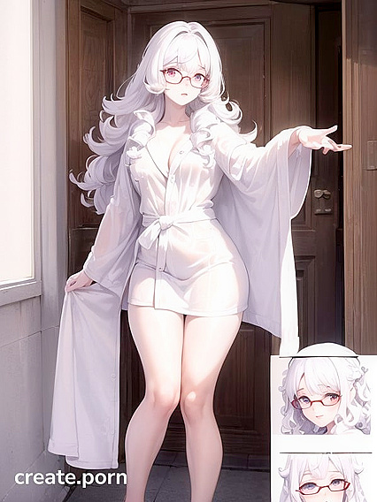 Cute White-Haired Girl 18+ in Glasses and Bathrobe Shows Off Thighs in Hentai Hentai AI Image