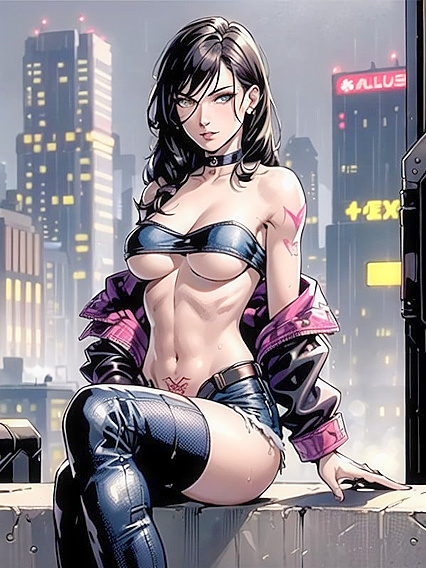 Tattooed Beauty Enjoys Steamy Nighttime Hentai AI Image