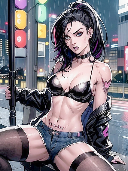 Pale-Skinned Cyberpunk Babe with Black Hair and Tattoos in kinky Detail - Hentai AI