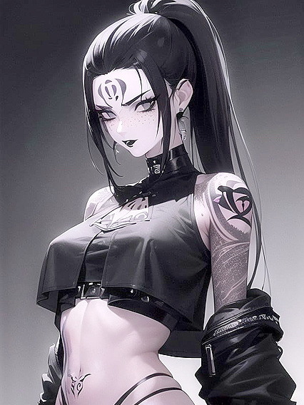 Pale-Skinned Beauty with Freckles and Full-Body Tattoos in Dark Seduction Hentai AI Image