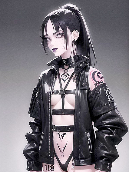 Pale-Skinned Beauty with Black Hair, Freckles, and Full-Body Tattoos Seduces in Dark Hentai AI Image