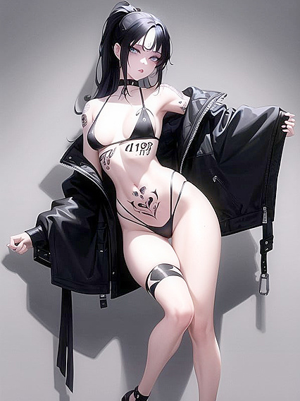 Skinny Girl 18+ with Huge Ass, Pale Skin, Black Hair, and Full Body Tattoos in Dark Fetish Hentai AI Image
