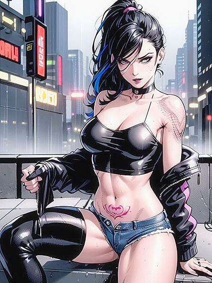 petite breasts, sitting down, unbuttoned in steamy Hentai AI Image