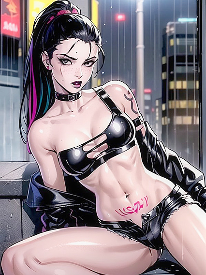 Pale-Skinned Beauty with Black Hair and Tattoos Seduces in Tight Outfit and Dark Makeup