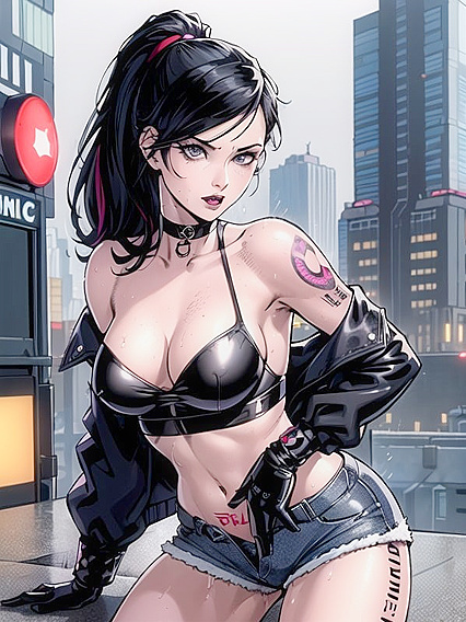 Horny Hentai AI Image - Soaking Wet in Jean Shorts During Rain