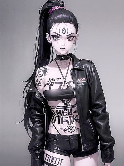 Pale-Skinned Beauty with Black Hair and Tattoos in Seductive Hentai AI Image