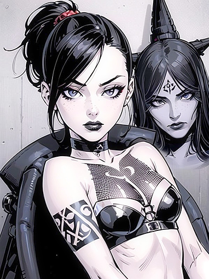 Skinny Girl 18+ with Pale Skin, Black Hair, Freckles, and Full-Body Tattoos in Sexy Hentai AI Image