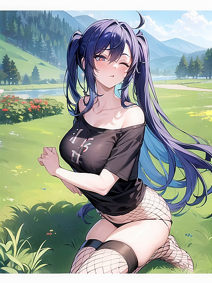 Sona from League of Legends Gets Wild in Fishnet-clad Meadow Hentai AI Image