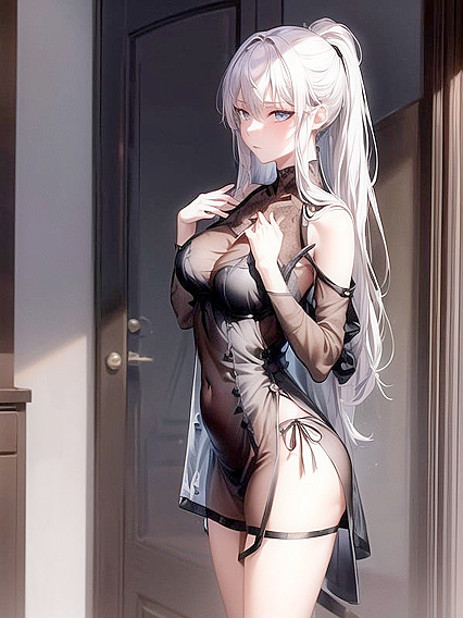 Model in Black Sheer Dress with Ponytail Seduces in Hentai AI Image