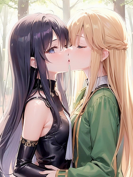 Girl 18+s Kissing Passionately While Gazing at You in a Mysterious Forest Hentai AI Image