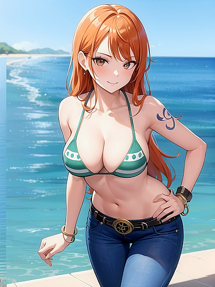 Happy Girl 18+ Poses Frontally with Hands on Hips in Seductive Hentai AI Image