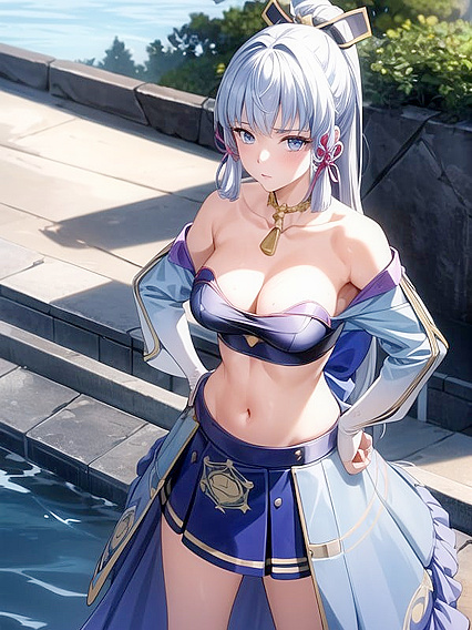 Kamisato Ayaka Poses with Small Breasts in Seductive Hands-On-Hips Hentai AI Image