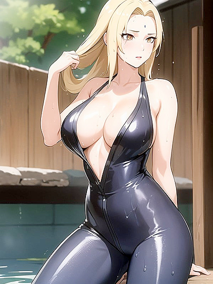 Tsunade from Naruto Enjoying Intense Pleasure with Blurry Konoha Backdrop