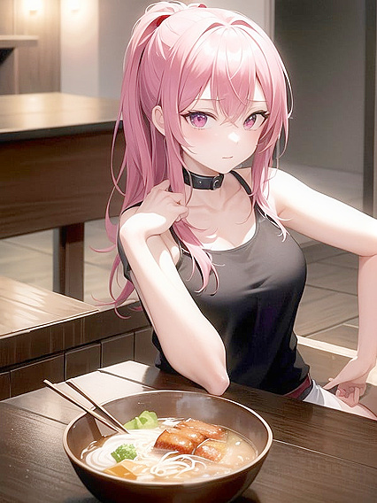 Girl 18+ at Table with Steaming Bowl of Ramen, Ready to Savor Every Bite in Erotic Hentai AI Image