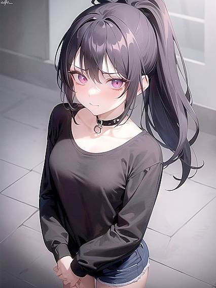 Goth Girl 18+ with Black Choker and Messy Emo Hair Teasing in Ponytail for Skinny Hentai Fun