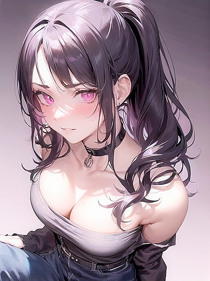 Goth Girl 18+ with Black Choker and Wavy Ponytail Teasing Under Moonlight in HentaiErotica
