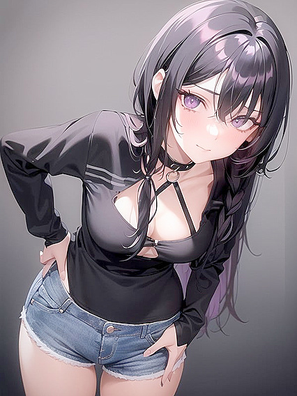 Slender Black-Haired Beauty with Massive Breasts in Seductive Hentai AI Image