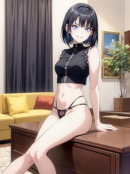 Bobcut Babe in Choker Gets naughty While Sitting Down for Hentai Fun