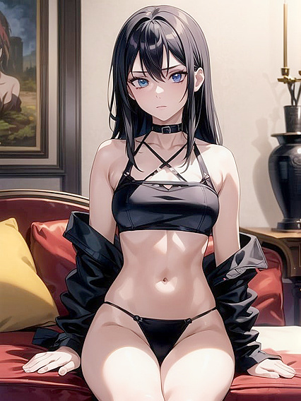Dressed in Black Thong, Seductive Sit Down Image in Hentai AI Porn