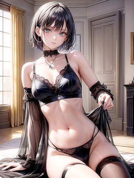 Sitting Down and Staring at You While Playing on Her Phone in Steamy Hentai AI Image