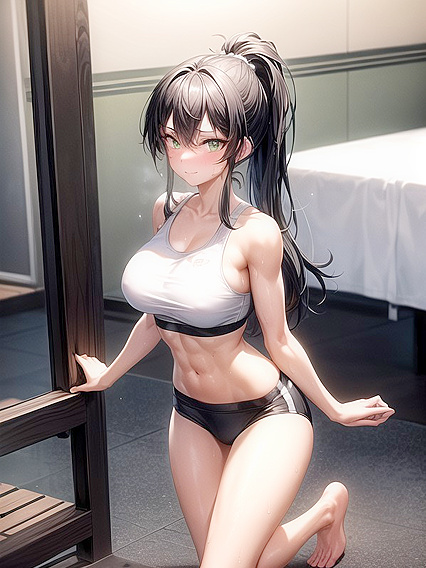 Gym Session with Seductive Green-Eyed Beauty Staring Intensely at You in hentai