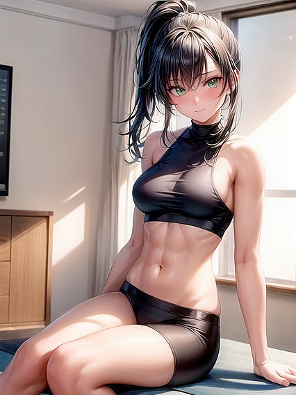 Bare-Footed Muscular Chick with Black Hair in Steamy Hentai AI Image
