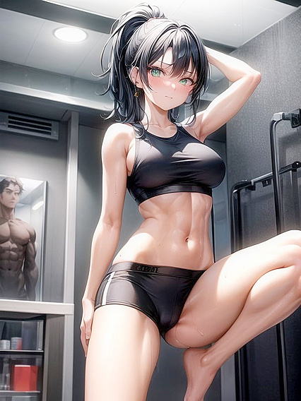 Sweaty Green-Eyed Beauty with Raven hair in Steamy Hentai AI Image