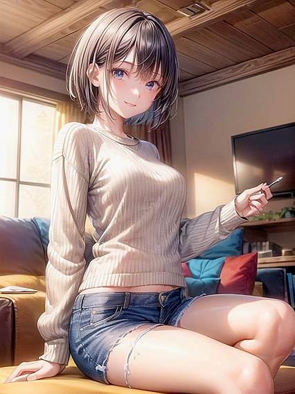 Ultra-Detailed Sweater Clad Girl 18+ with Very Short Hair in Erotic Hentai AI Image