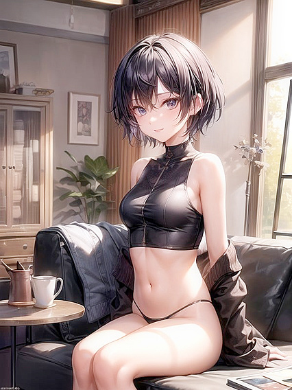 Short-Haired Babe in Thong Takes It Hot and Steamy in the Living Room Hentai