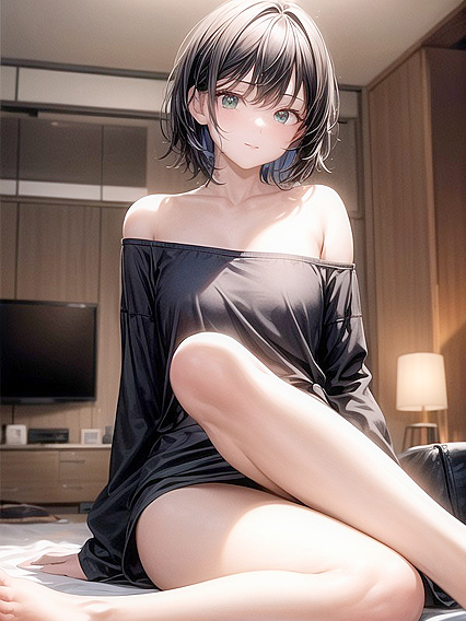 Cute Girl 18+ in Oversized T-Shirt and Shorts Enjoying Steamy Hentai AI Image