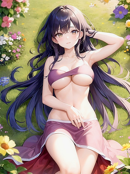 Vibrant-Haired Beauty Shows Off Her Underboob in an Open Green Field Hentai AI Image