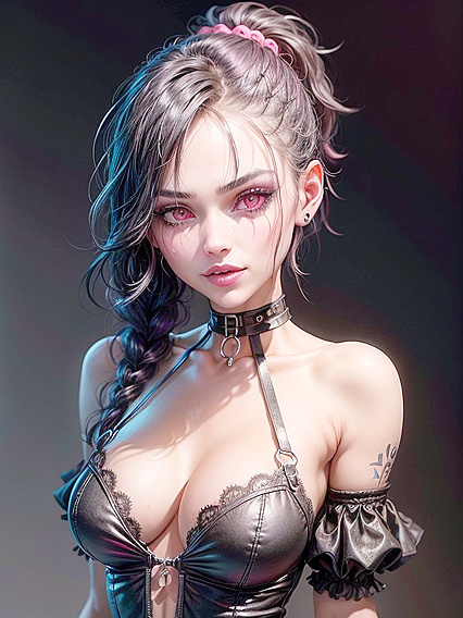 Goth Girl 18+ with Pink Eyes and Black Choker Teasing in Messy Emo Hairstyle for Crazy Hentai Fun