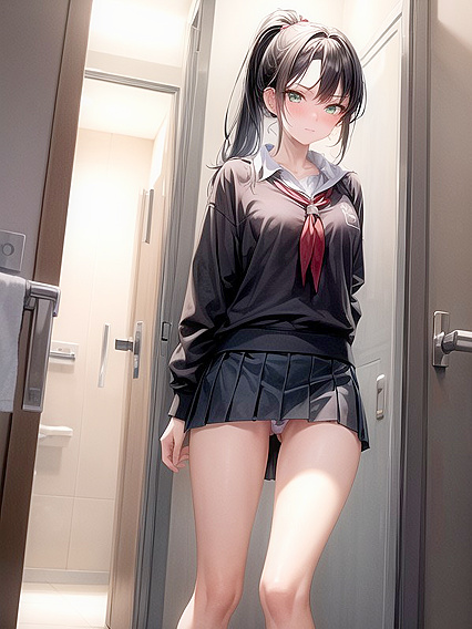 Blushingly Mischievous Girl 18+ Lifts Her Skirt in Seductive Green-Eyed Hentai AI Image