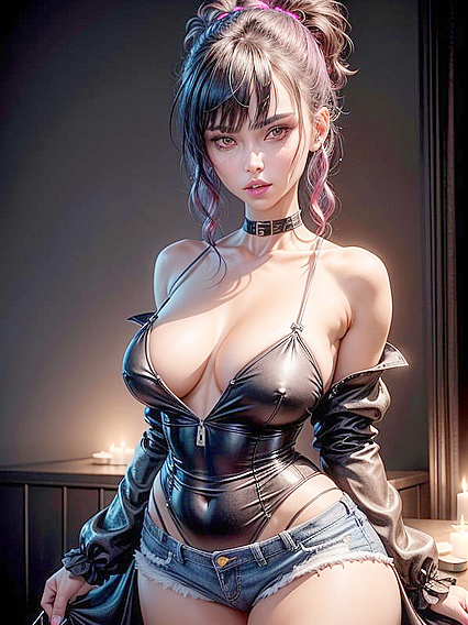 Evil Goth Babe with Black Choker and Pink Eyes Teases in Tight Ponystyle Cleavage Feast
