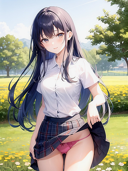 Cheerful Girl 18+ with Bright Eyes and Vibrant Hair Exploring Pleasure in an Open Green Field Hentai